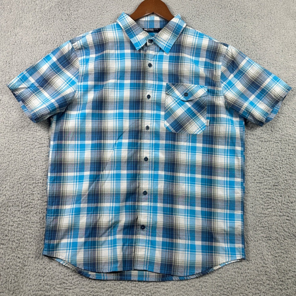 Outdoor Research Seapine Plaid Shirt Men XL Blue Short Sleeve Button Down Pocket